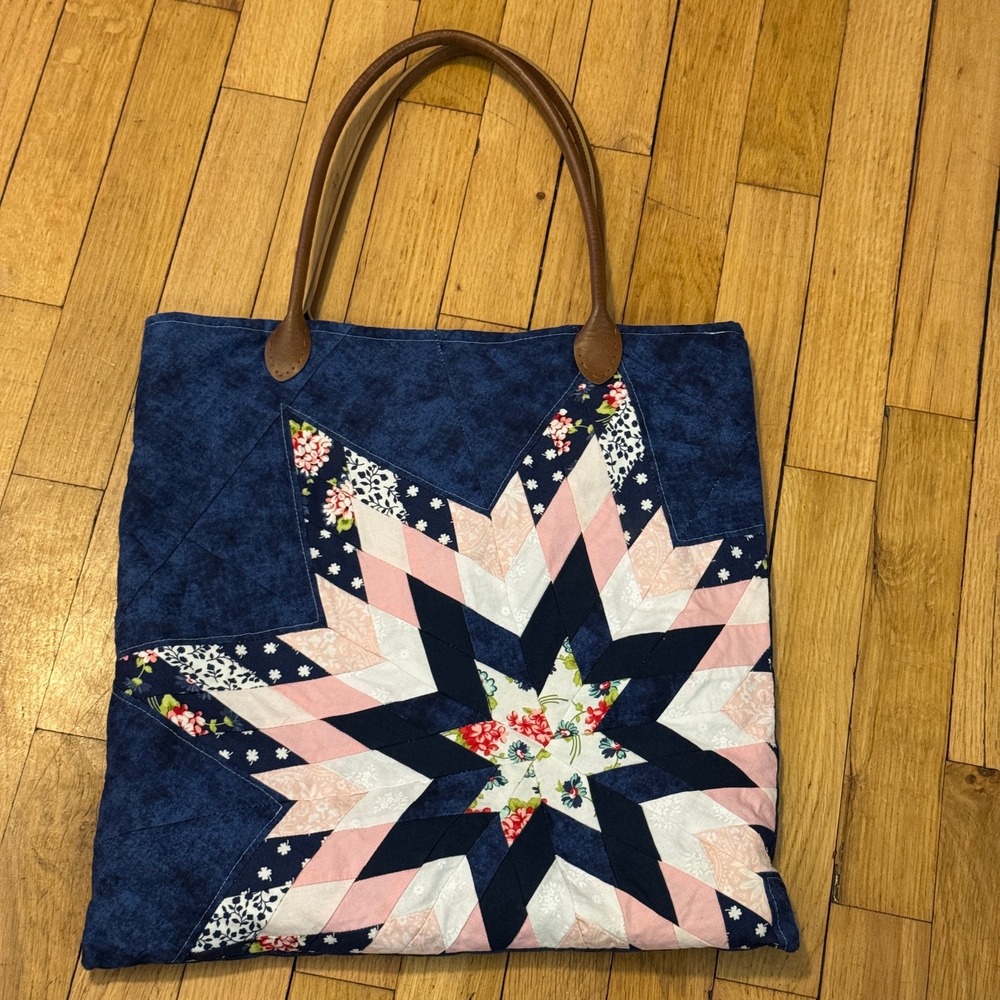 Handmade Quilted Tote Bag Navy Blue Starburst Floral Lining Faux Leather Straps‎